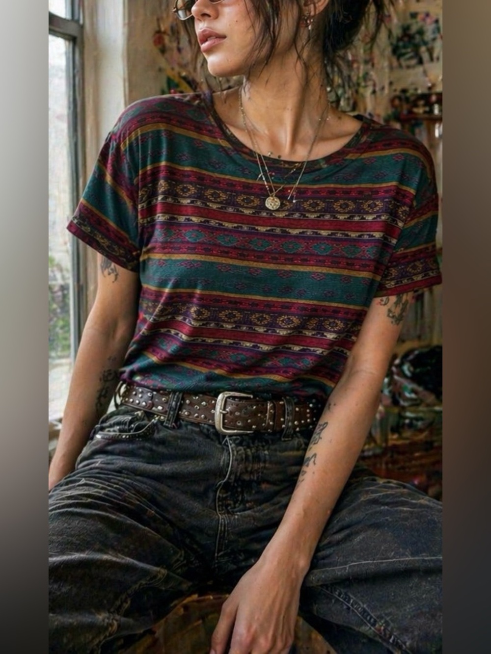 Vintage All That Jazz Southwestern Tribal Print Knit Top USA Made Boho Grunge L - Picture 2 of 5